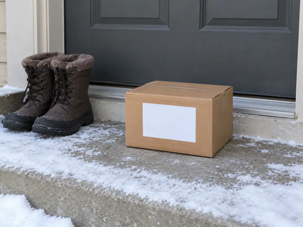A small cardboard box with a plain white label sitting on a doorstep beside a pair of winter boots, with a light dusting of snow on the porch steps.