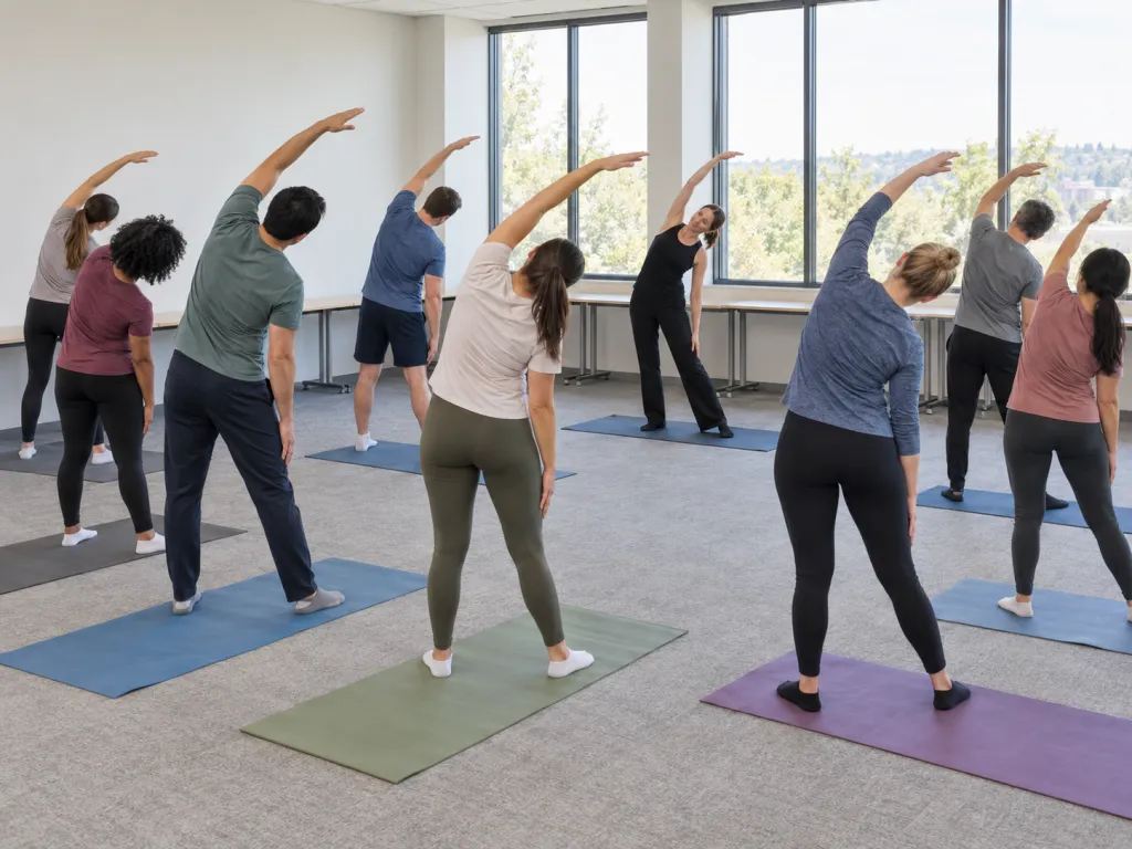 A bright office meeting room with the tables pushed aside, where eight coworkers in casual clothes follow an instructor through a gentle stretch on yoga mats laid across the carpet.
