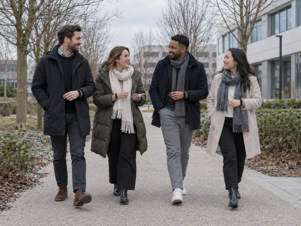 Several coworkers wearing simple fitness bands on their wrists walk together along a tree-lined path near an office park, chatting and smiling on a cool, cloudy winter day.