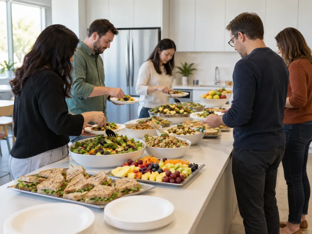 A long office kitchen table set with trays of fresh salads, grain bowls, sliced fruit and sandwiches, with several employees helping themselves and filling paper plates.