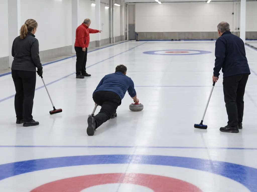 A small group of adult beginners on a curling sheet. One person is sliding forward to release a stone while two others hold brooms, and a coach in a red jacket points down the ice under bright indoor rink lighting.