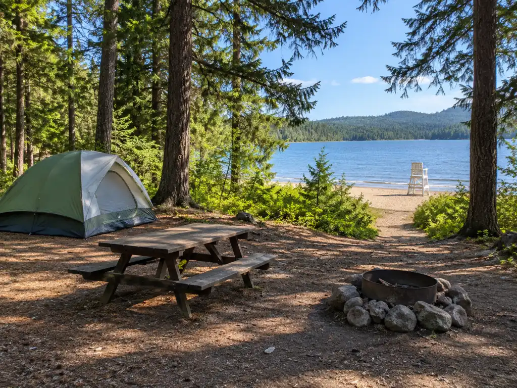 A tent site among tall evergreen trees with a picnic table and fire pit. A short path leads down to a sandy lake beach, where a lifeguard chair stands near the water on a sunny summer afternoon.
