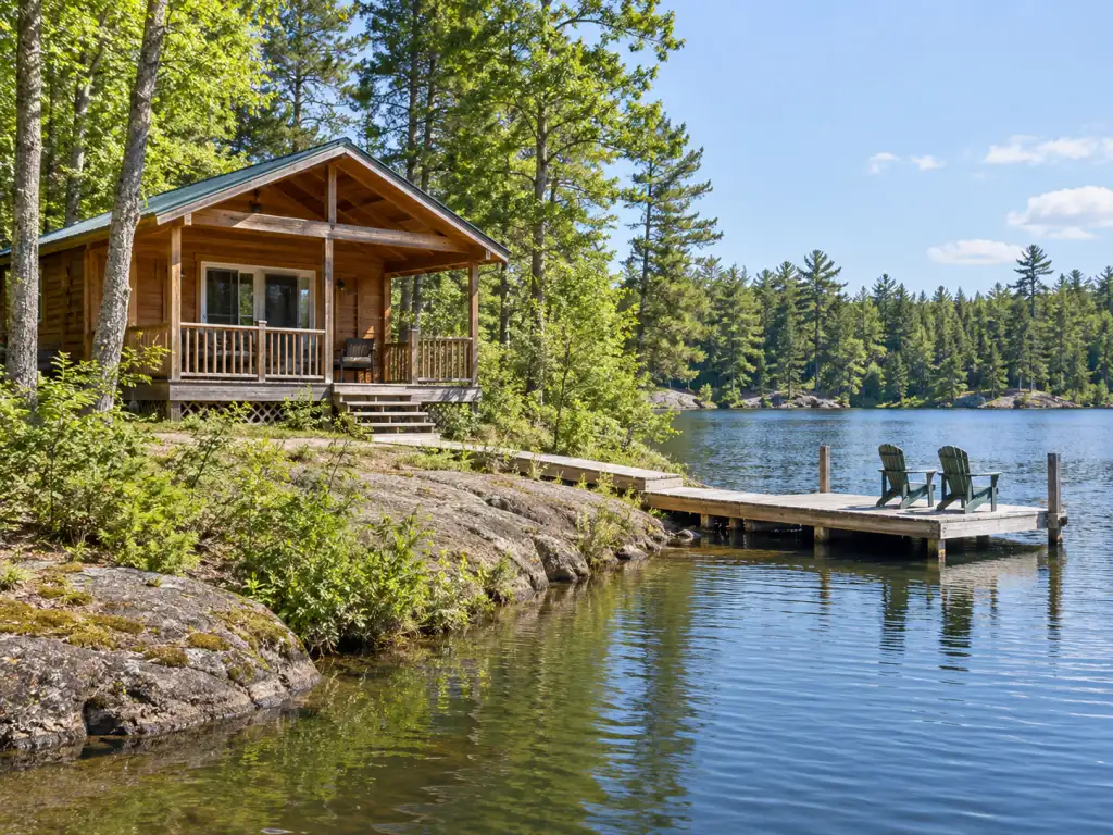 A small wooden cabin with a covered porch beside a calm lake. A private wooden dock stretches into the water with two lawn chairs on it, and forest surrounds the shoreline on a summer day.