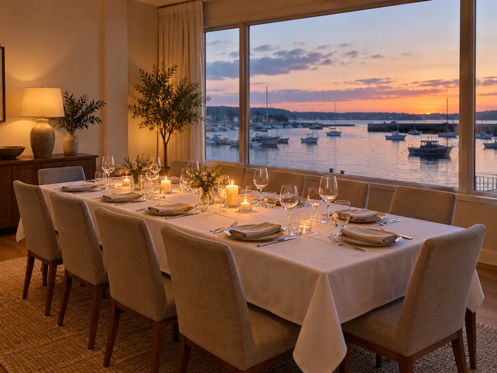 A cosy private dining room with one long table set for ten, covered in a white tablecloth with candles and wine glasses. A large window looks out over a harbour with small boats at dusk.