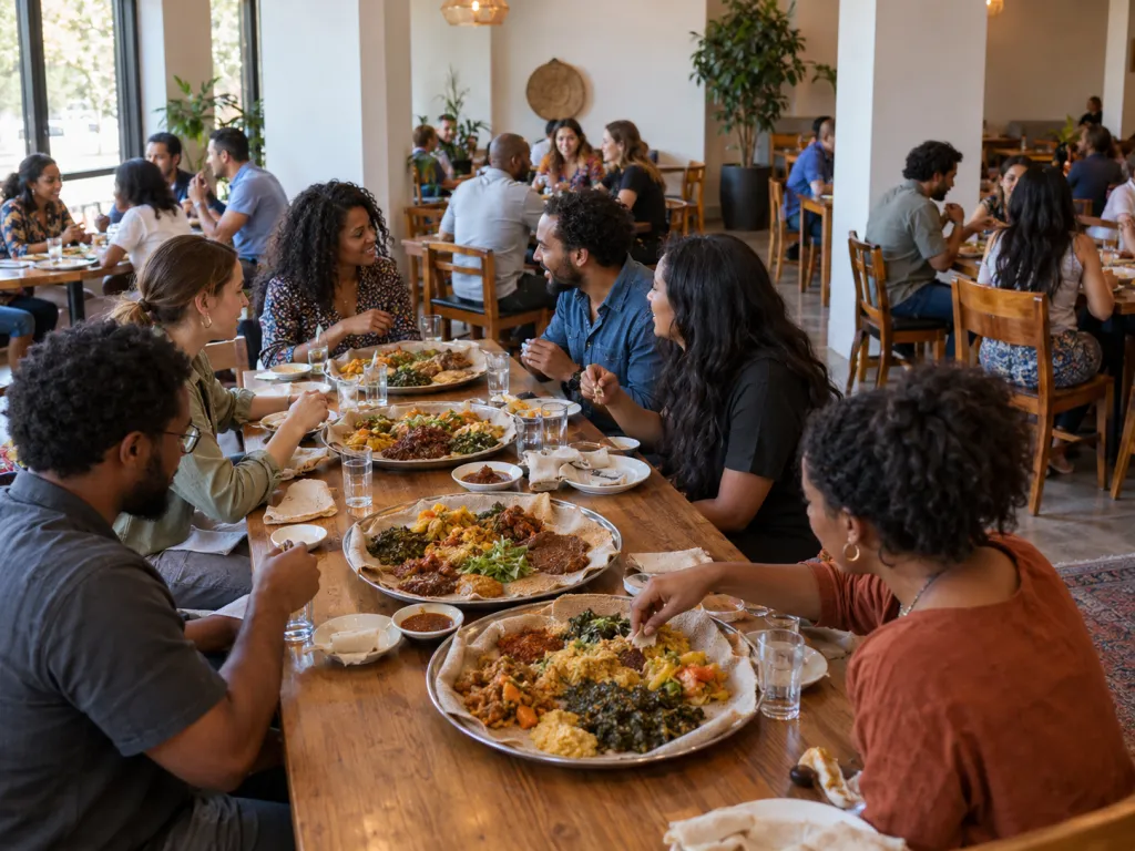 A lively restaurant dining room with a long shared table covered in large round platters of colourful stews on flatbread. Diners are talking and laughing, and other full tables are close by.