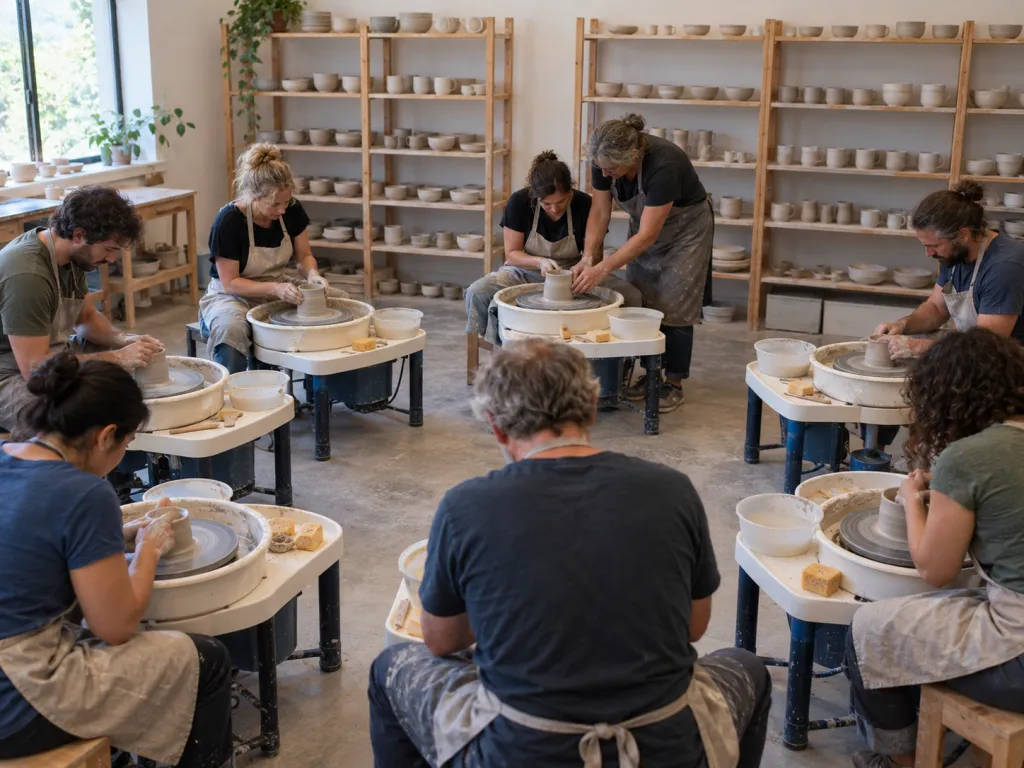 A small pottery studio with eight wheels arranged in a circle. Adult students are shaping wet clay while an instructor leans over to help one of them, and shelves of drying bowls and mugs line the back wall.