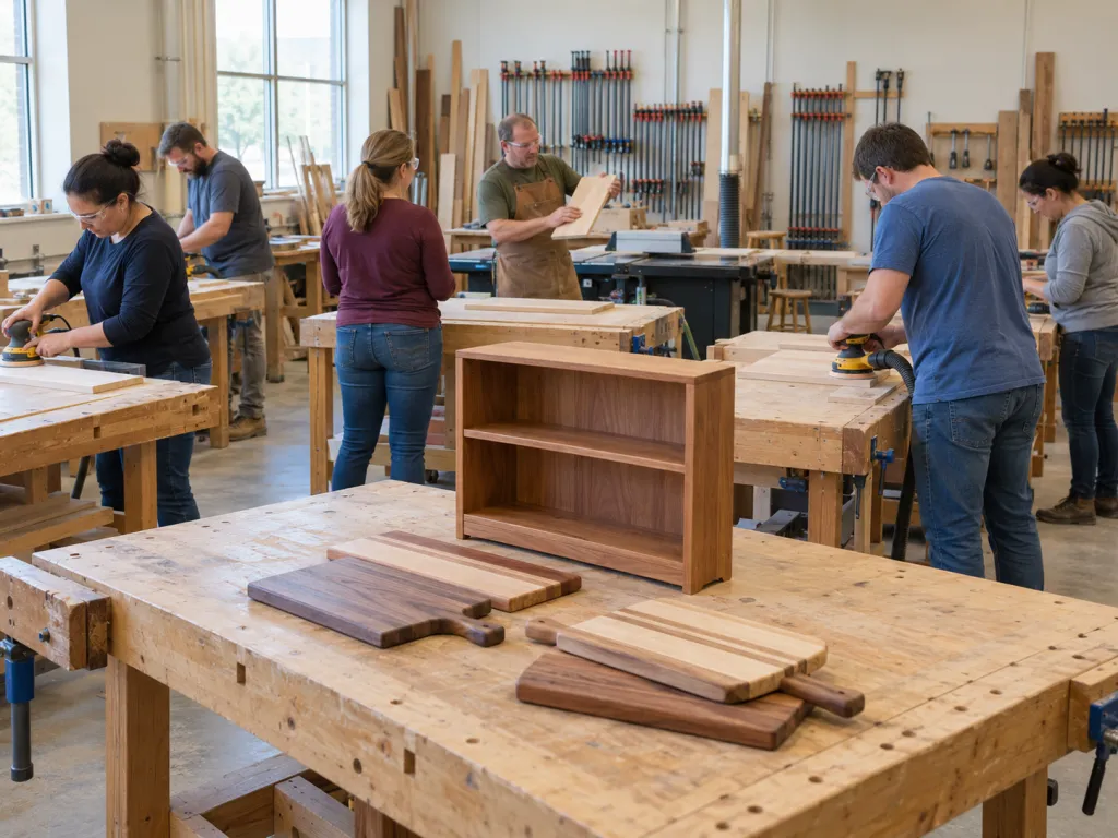 A large woodworking shop with workbenches, clamps and power tools. Adult students in safety glasses are sanding boards while an instructor demonstrates at the front, and a finished small bookshelf and cutting boards sit on a table.