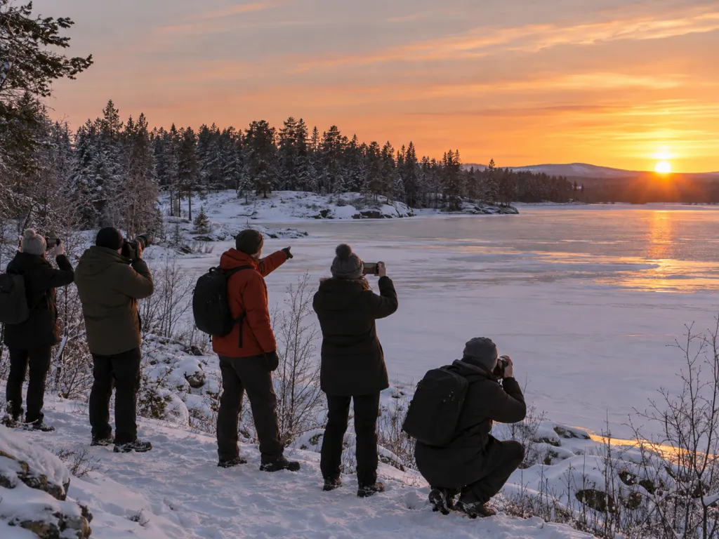 A small group of adults in winter coats standing on a snowy trail at sunset, holding cameras and phones up to photograph a frozen lake while an instructor points toward the trees.