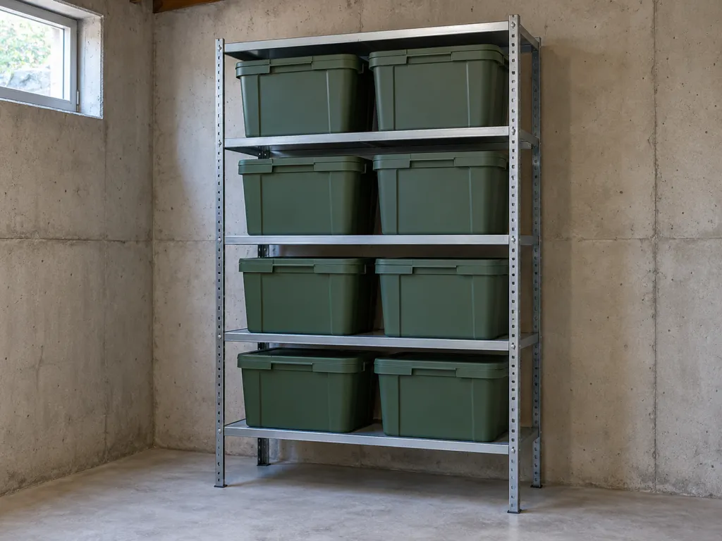 A realistic photo of a freestanding metal storage rack holding eight camping containers in a modest basement, with clearly elevated shelves. No text, logos, or identifiable real location.