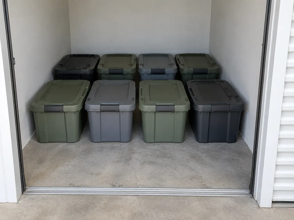 A realistic photo of a small indoor storage unit containing eight camping containers, with a clean corridor visible outside. No text, logos, or identifiable real location.