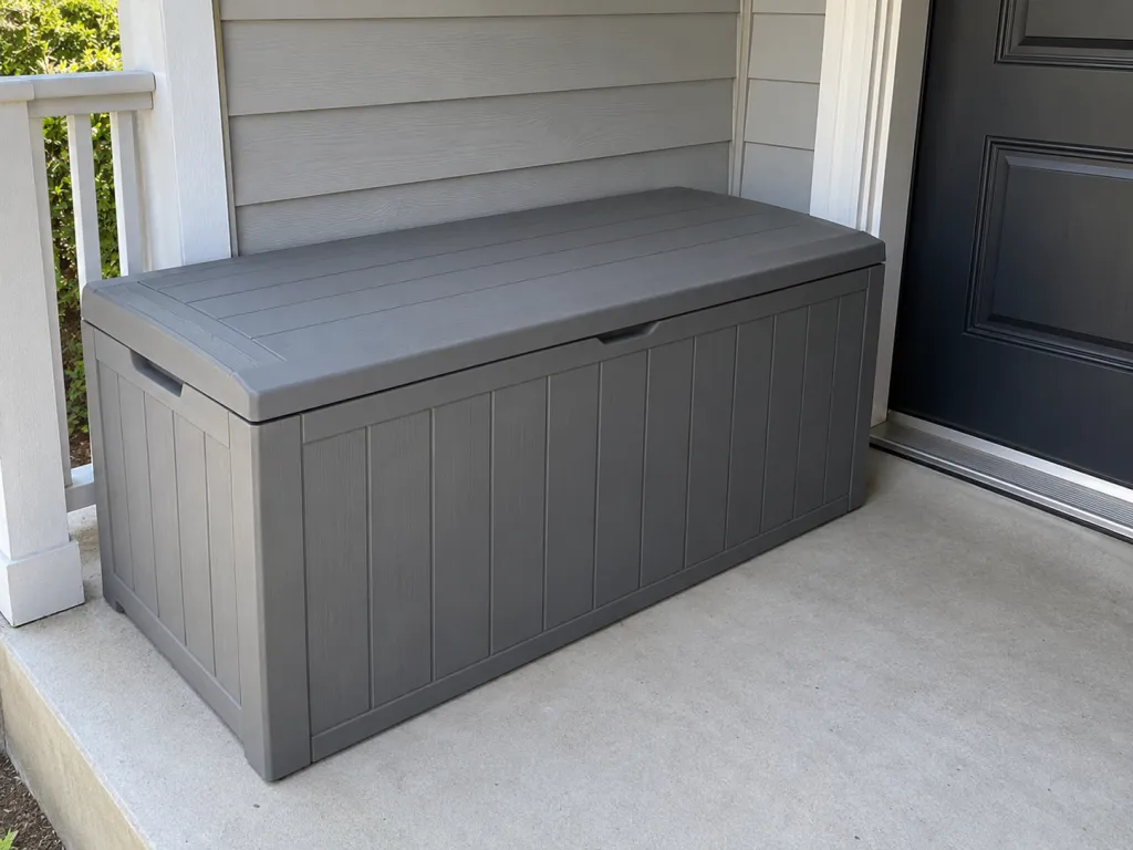A realistic photo of a large closed outdoor storage chest occupying much of a small residential porch beside a doorway. No text, logos, or identifiable real location.
