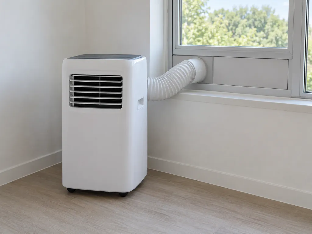 A realistic photo of a compact portable air conditioner beside an apartment window, connected through a removable vent panel. No text, logos, or identifiable real location.
