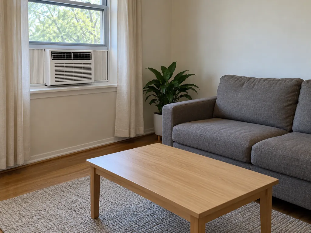 A realistic photo of a small removable window air conditioner installed in a plain apartment living room with simple furniture. No text, logos, or identifiable real location.