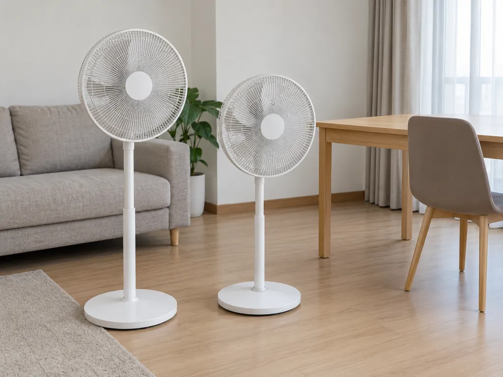 A realistic photo of two freestanding fans positioned near a study table in an ordinary apartment living room. No text, logos, or identifiable real location.