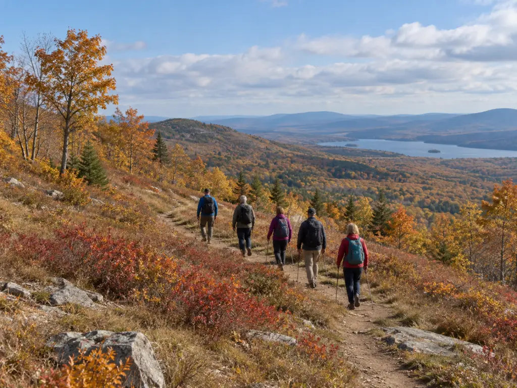 A realistic photo of a small guided group walking along an open hillside trail among autumn shrubs and deciduous trees. No text, logos, or identifiable real location.