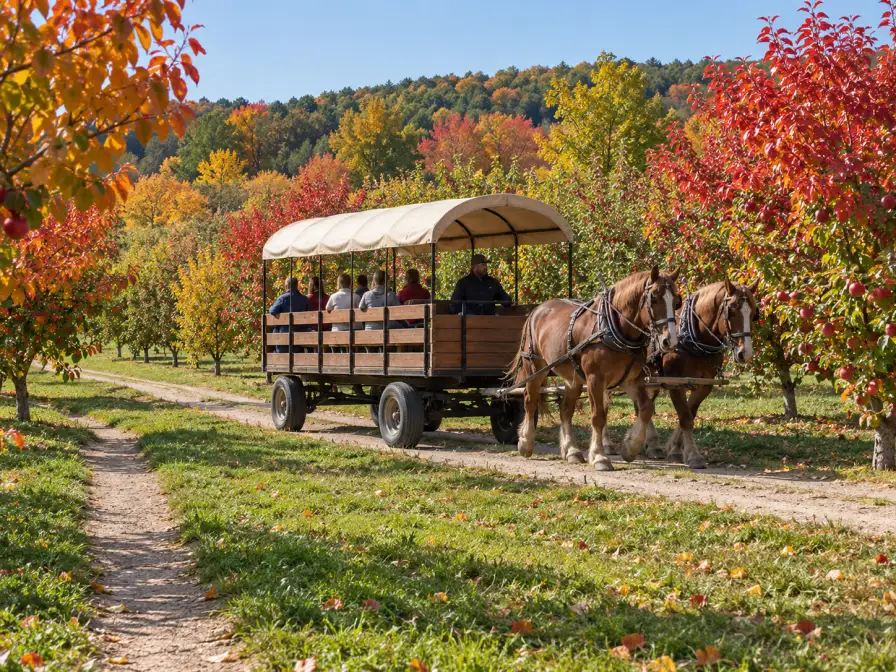 A realistic photo of a covered passenger wagon moving through an orchard with colourful autumn foliage and a short walking path. No text, logos, or identifiable real location.