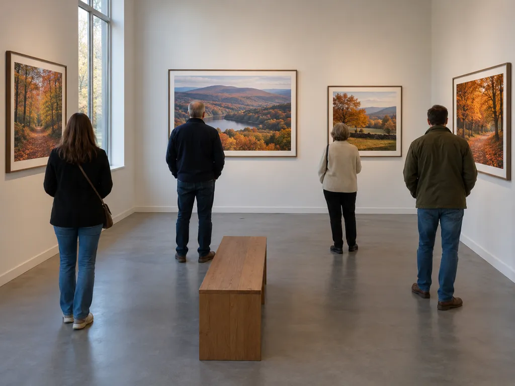 A realistic photo of visitors viewing framed autumn landscape photographs in a small indoor gallery with plain walls. No text, logos, or identifiable real location.
