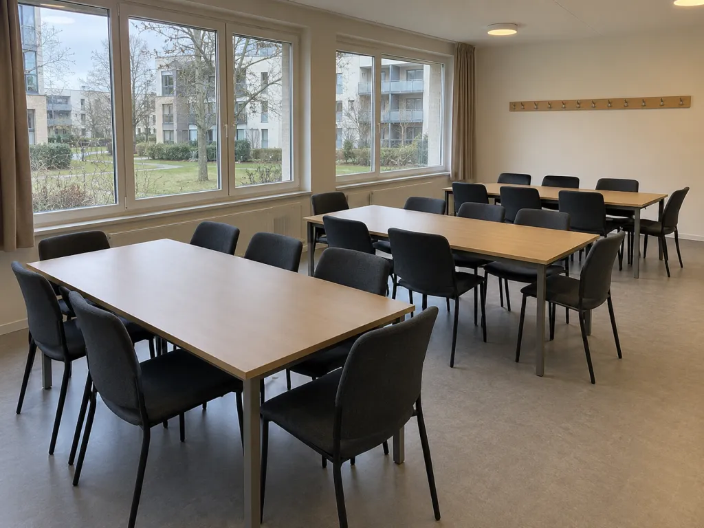 A realistic photo of a modest indoor meeting room with several tables, eighteen chairs, coat hooks and large windows overlooking a residential courtyard on an overcast afternoon. No people, text, logos or identifiable real places.