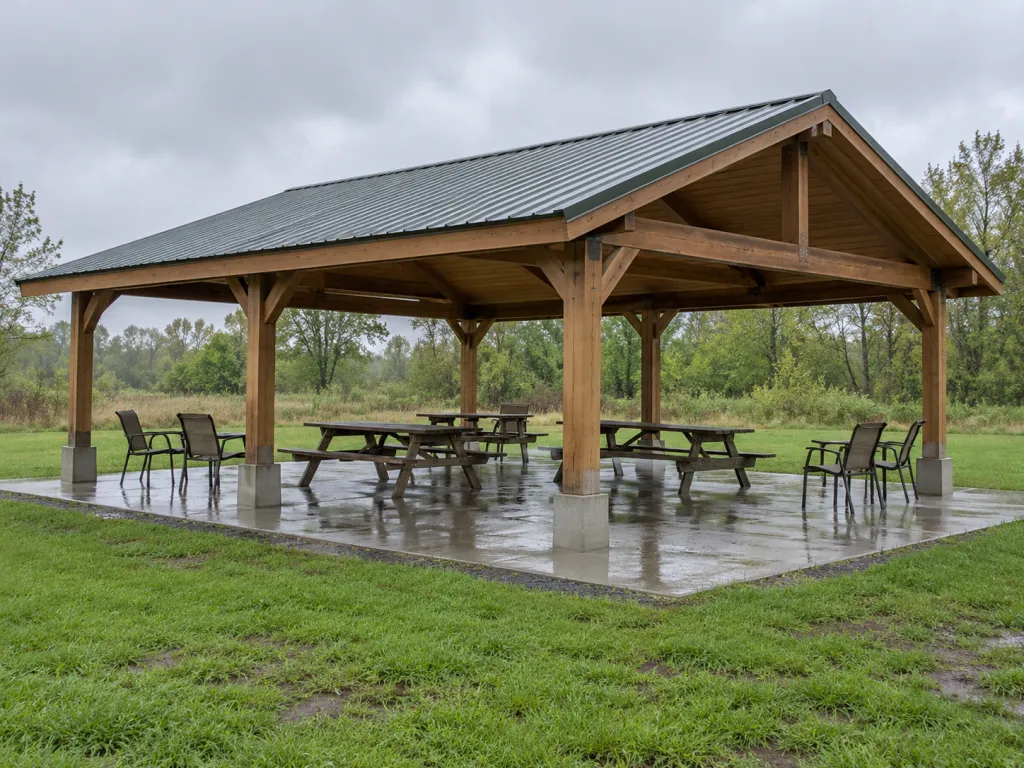 A realistic photo of an open-sided picnic shelter with a solid roof, picnic tables and additional chairs, surrounded by wet grass beneath grey skies. No people, text, logos or identifiable real places.