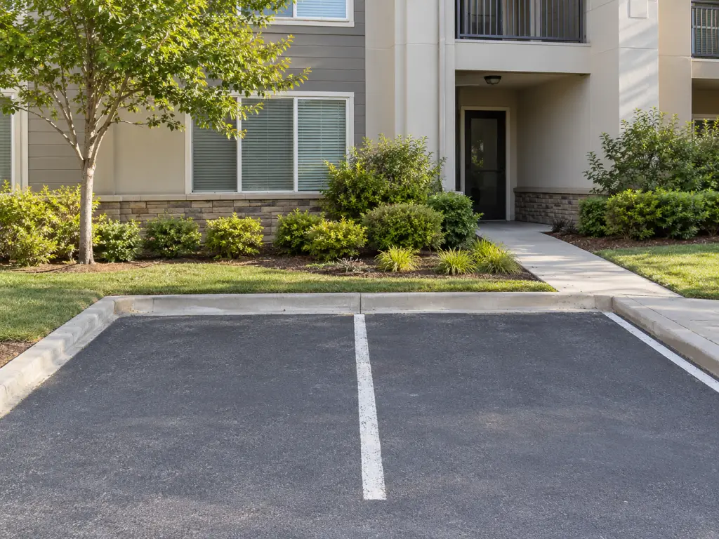 A realistic photo of two empty parking spaces beside a low condo building, with a short paved walkway leading to its entrance and small planted borders. No signs, text, logos or identifiable real places.