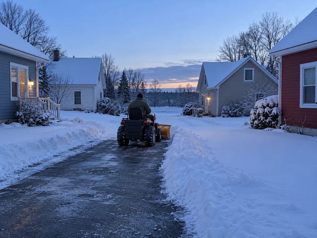 A realistic photo of a worker using a compact snow-clearing vehicle on a private lane between four modest houses before sunrise, with cleared pavement behind the machine. No text, logos or identifiable real places.