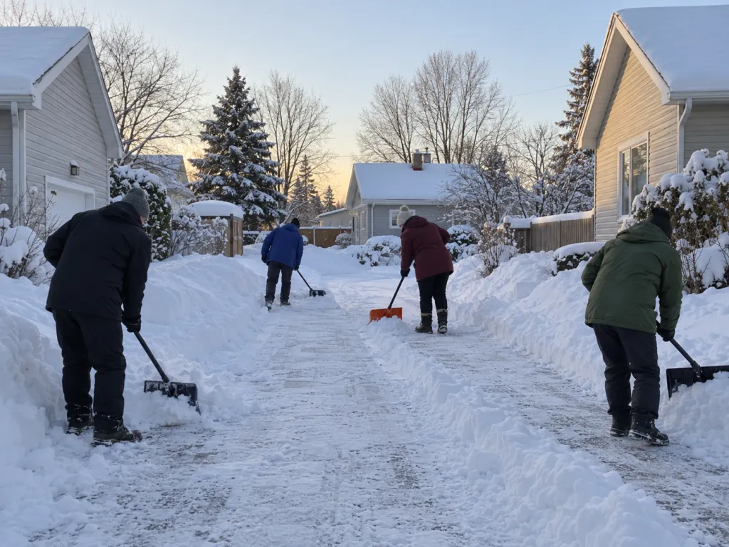 A realistic photo of four bundled-up adults shovelling a snow-covered private residential lane in early morning light, with several houses and snowbanks nearby. No text, logos or identifiable real places.