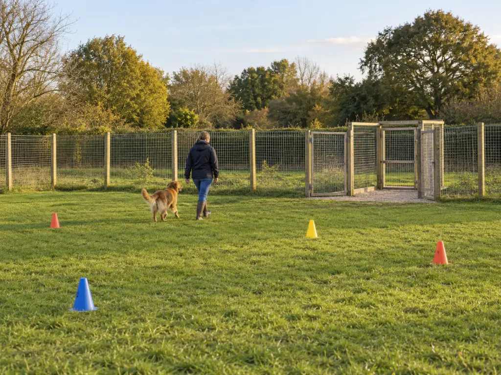 A realistic photo of a securely fenced grassy exercise field with one dog and its handler, a double entrance gate and simple training cones, photographed in late afternoon. No text, logos or identifiable real places.