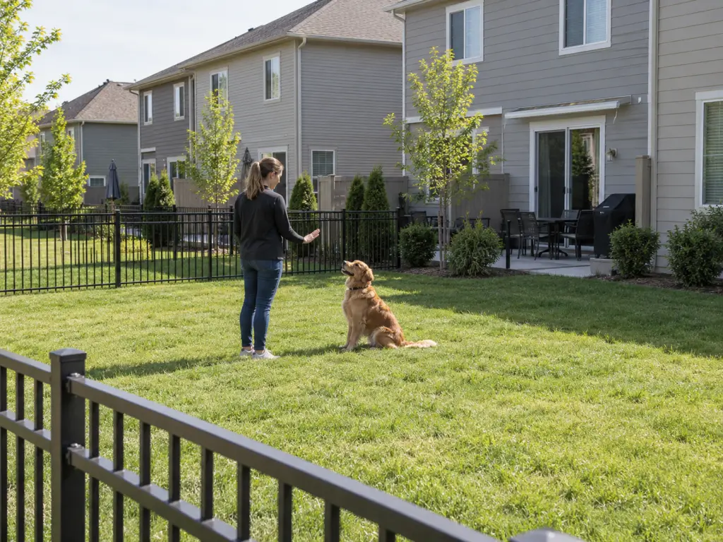 A realistic photo of a fenced lawn within a townhouse complex, with a person practising a simple command with one dog and nearby patios visible beyond the fence. No text, logos or identifiable real places.