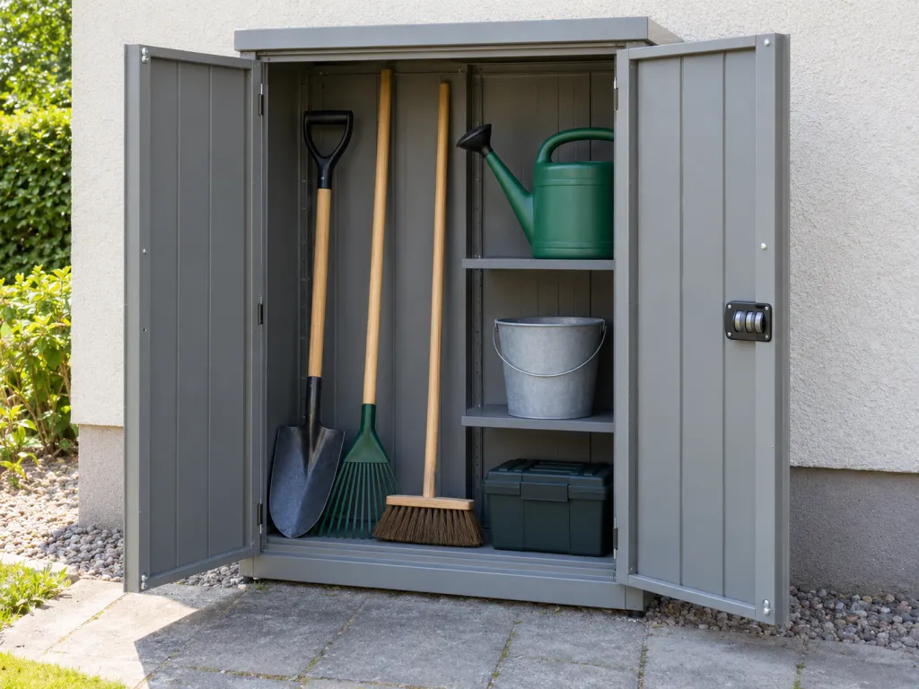 A realistic photo of a sturdy outdoor storage cabinet beside a residential building, with open doors revealing neatly arranged gardening and household tools and a mechanical combination lock. No text, logos or identifiable real places.