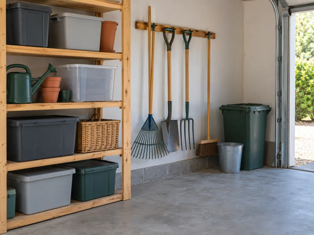 A realistic photo of a tidy corner of a private residential garage containing tool racks, shelves and assorted gardening tools, with ordinary household storage nearby. No people, text, logos or identifiable real places.