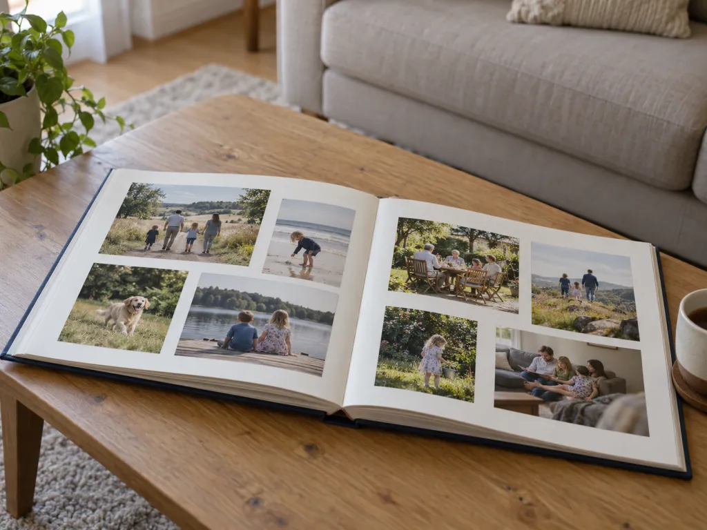 A realistic photo of an open, professionally bound family photo album on a coffee table, showing candid portraits and everyday family moments without captions. Use a fictional interior with no visible text, logos, or identifiable real places.