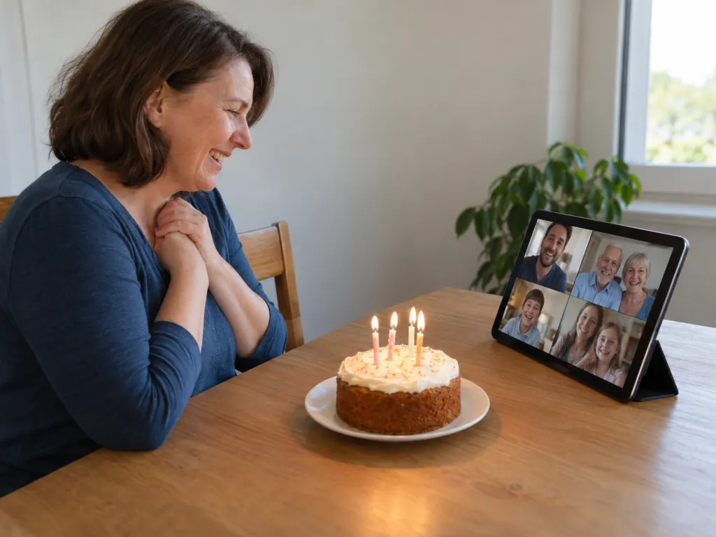 A realistic photo of an adult smiling at a tablet during an online family gathering, with several relatives visible in separate screen windows and a small birthday cake nearby. No visible text, logos, or identifiable real places.