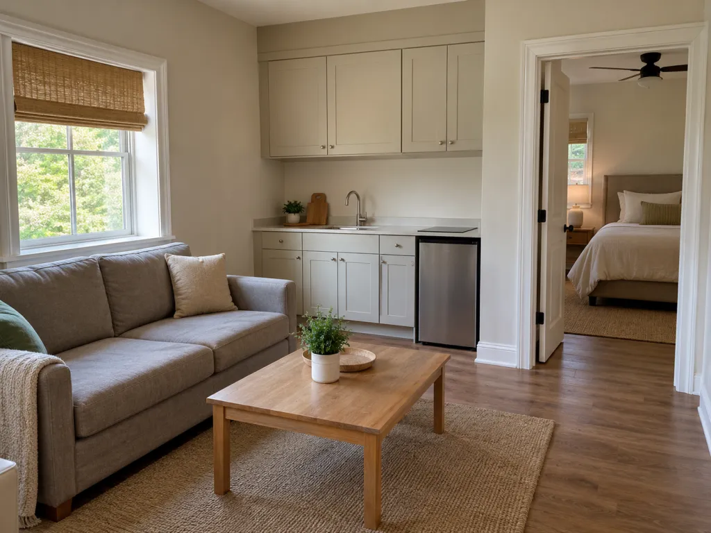 A realistic photo of a compact furnished guest suite with a private kitchenette, a sitting area, and an open doorway leading to a separate bedroom. Use a fictional residential interior with no visible text, logos, or identifiable real places.
