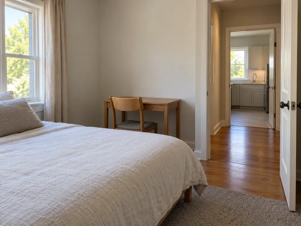 A realistic photo of a welcoming guesthouse bedroom with a small desk, showing a shared kitchen through the open doorway across the hallway. Use a fictional building with no visible text, logos, or identifiable real places.