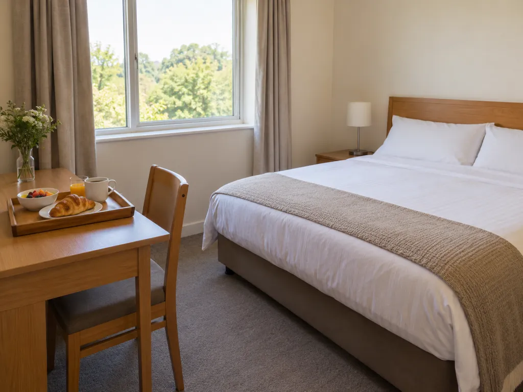 A realistic photo of a modest hotel room containing a bed, a desk, and a chair, with a breakfast tray on the desk. Use a fictional hotel interior with no visible text, logos, or identifiable real places.