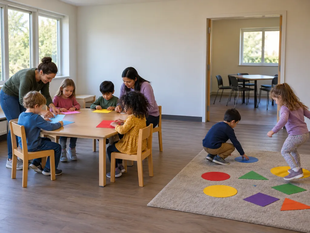 A realistic photo of two adult childcare workers helping six children with colourful paper crafts and a floor game in a community centre room. An adjoining meeting room is visible through a doorway. Use a fictional setting with no text, logos, or identifiable real places.