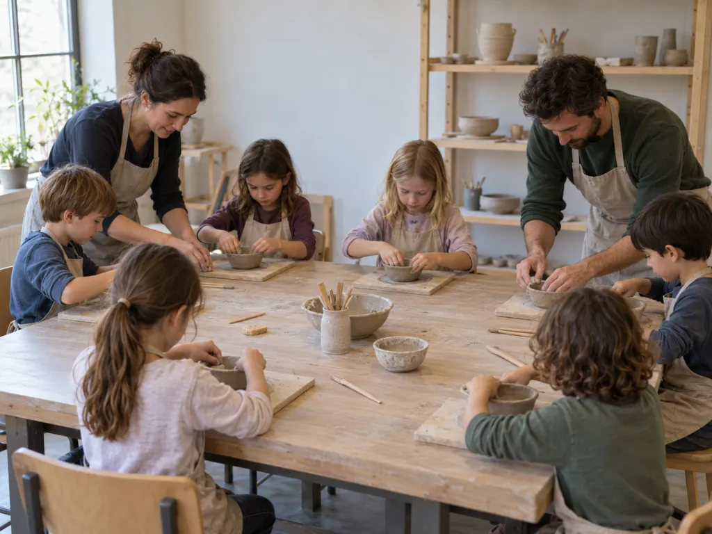 A realistic photo of two instructors helping six children shape small clay bowls around a large studio table. Shelves hold unfinished pottery and plain tools. Use a fictional arts studio with no visible text, logos, or identifiable real places.