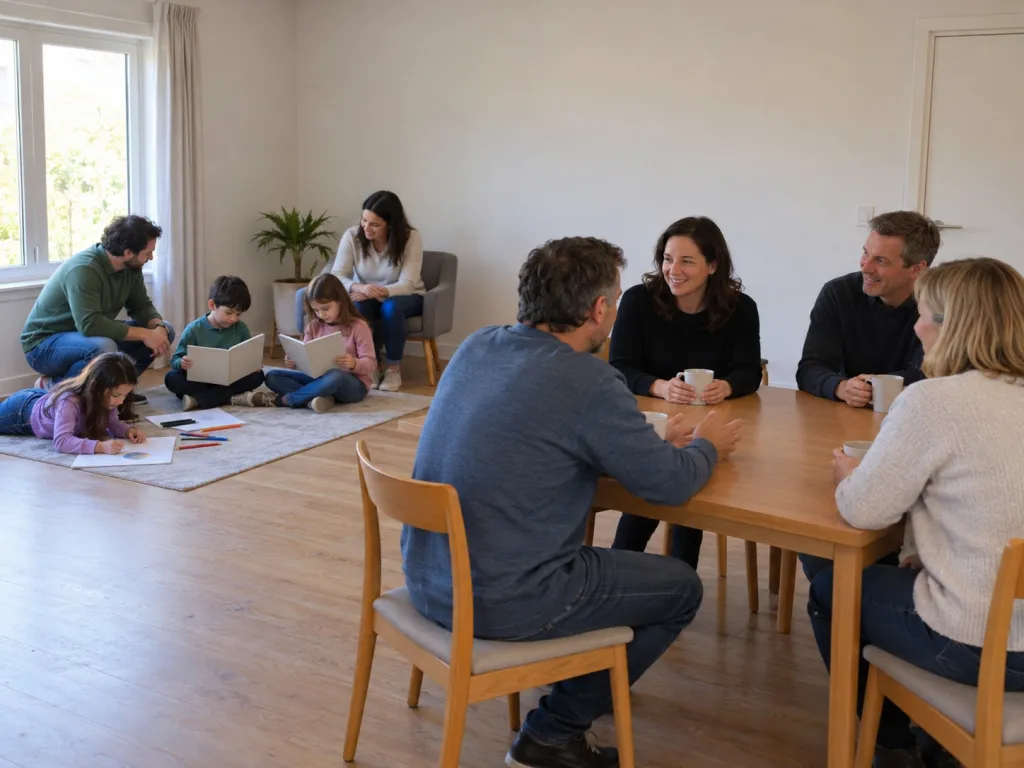 A realistic photo of children colouring and reading at one end of a community room while two adult relatives supervise and other adults talk around a nearby table. Use a fictional building with no visible text, logos, or identifiable real places.