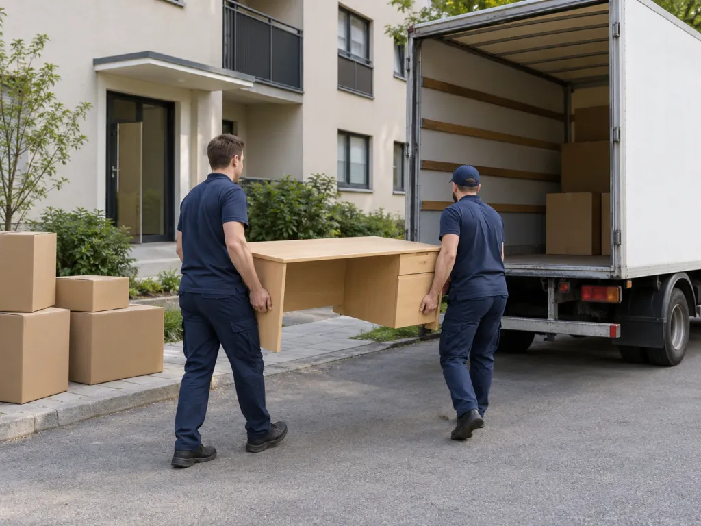A realistic photo of two movers carrying a plain desk towards an unmarked moving truck outside a fictional apartment building, with sealed cardboard boxes nearby. No visible text, logos, or identifiable real places.