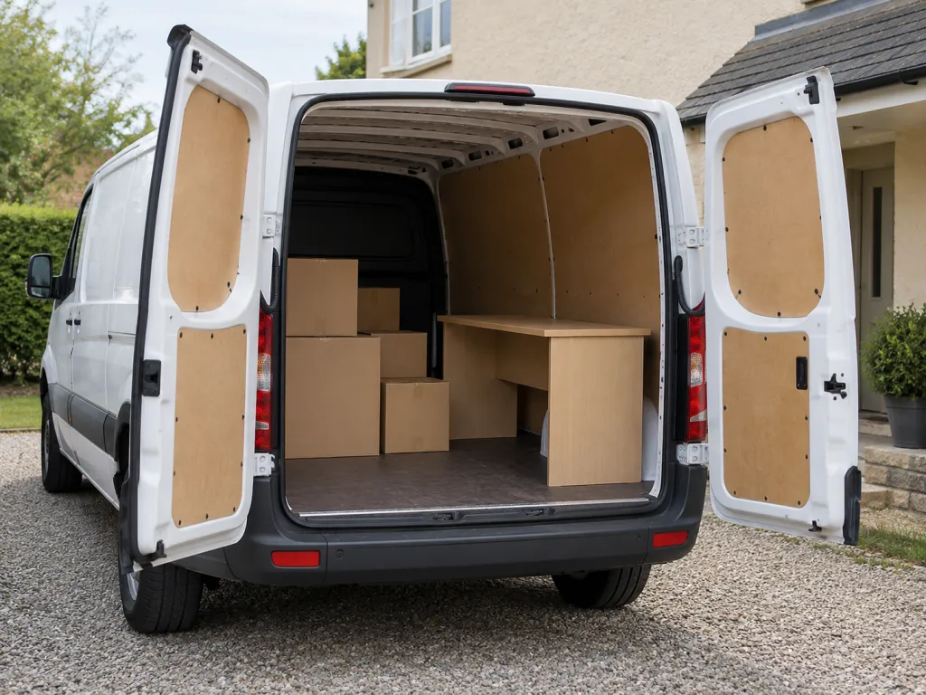 A realistic photo of a plain cargo van with its rear doors open, revealing room for stacked moving boxes and a desk. It is parked outside a fictional residential building. No visible text, logos, or identifiable real places.