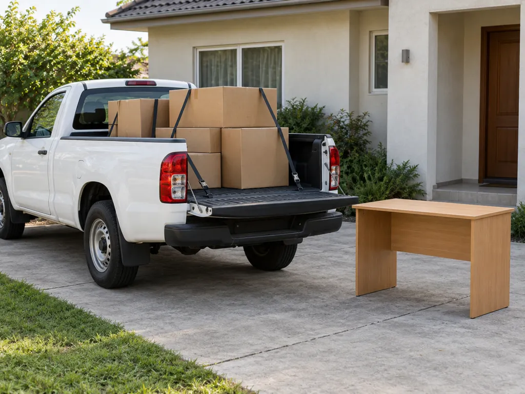 A realistic photo of an unmarked pickup truck parked beside a fictional residential building, with several secured cardboard boxes in its open bed and a desk waiting nearby. No visible text, logos, or identifiable real places.