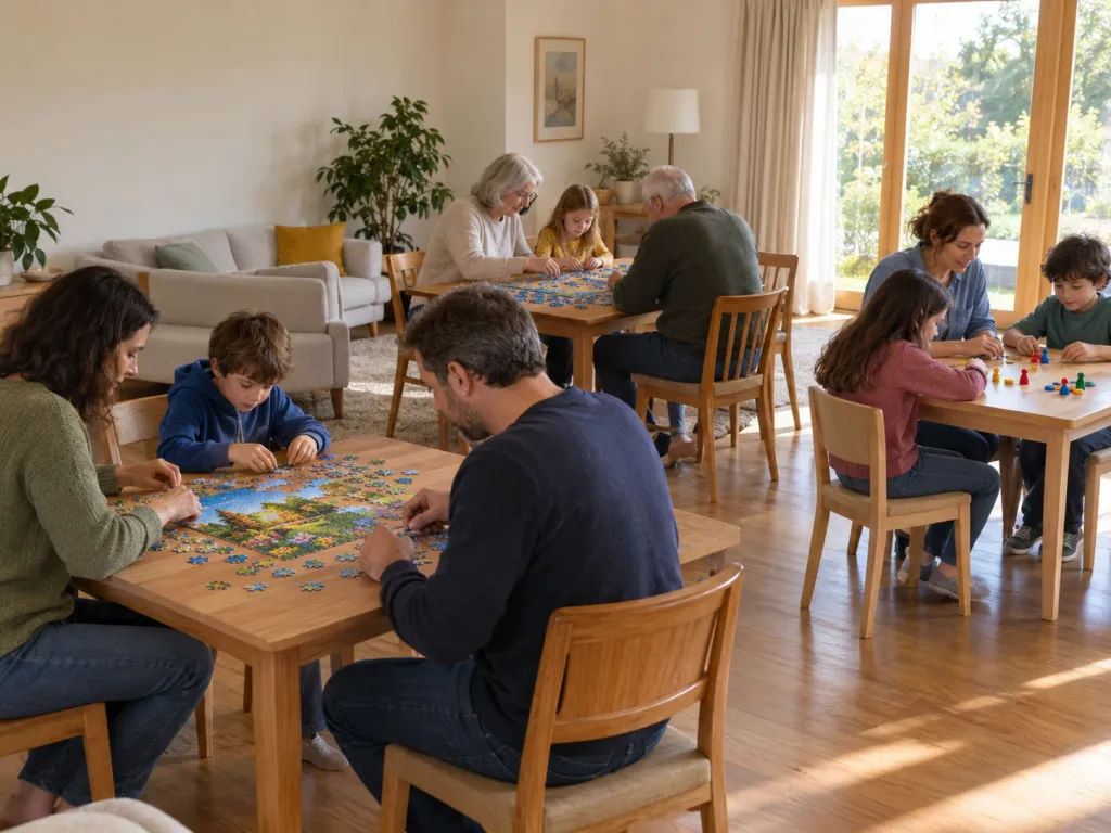 A realistic photo of relatives of varied ages seated in three groups around tables in a home, examining colourful picture puzzles and simple game pieces together. Use a fictional interior with no visible text, logos, or identifiable real places.