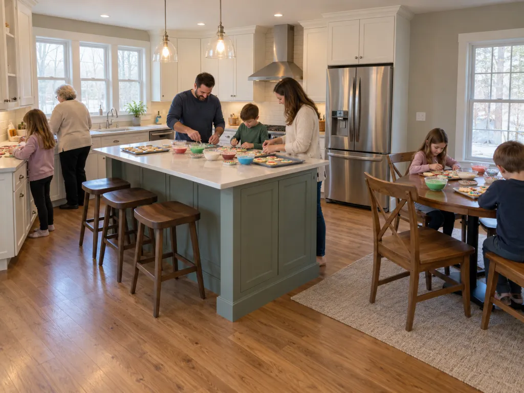 A realistic photo of relatives of varied ages decorating cookies at three work areas in a spacious home kitchen, with bowls, baking tools, and colourful icing nearby. No visible text, logos, or identifiable real places.
