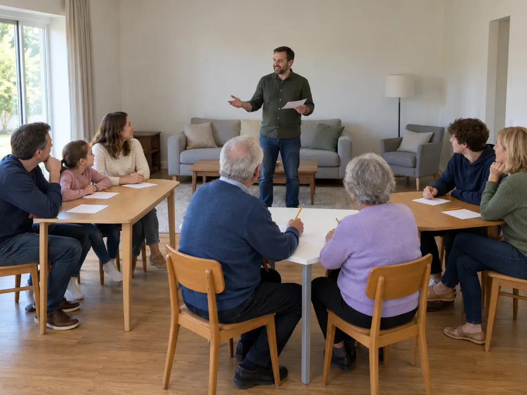 A realistic photo of a quiz host addressing relatives seated in three mixed-age teams in a home living room, with blank answer cards and pencils on the tables. No visible text, logos, or identifiable real places.