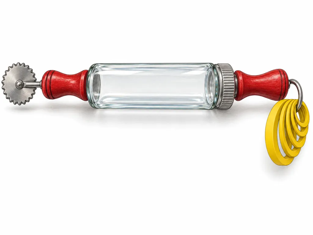A wooden rolling pin about as long as a forearm. Its middle section is a clear glass cylinder, hollow inside, with a round silver screw cap at one end so it can be filled with water. At each end is a short red-painted wooden handle shaped like a spool of thread. Sticking out from the left handle on a short silver rod is a small round metal wheel with a zigzag edge, like a pizza cutter. Hanging from the right handle on a silver ring is a set of five flat yellow silicone rings of different sizes, stacked like bracelets. Plain white background. No text, labels or logos.