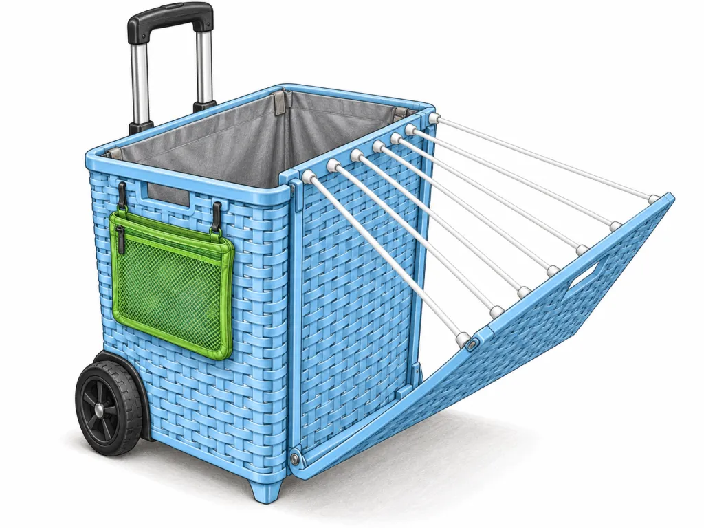 A rectangular laundry basket of woven pale-blue plastic, about the size of a large suitcase, standing upright. Two big black rubber wheels are fixed to the bottom at the back, like on rolling luggage, and a telescoping silver metal handle pulls up from the back edge. One long side of the basket is a hinged panel that folds outward and opens into a drying rack: eight thin white plastic rods spread out like the ribs of a paper fan. A small zippered mesh pouch in bright green hangs from two hooks on the front. The inside of the basket is lined with grey canvas. Plain white background. No text, labels or logos.