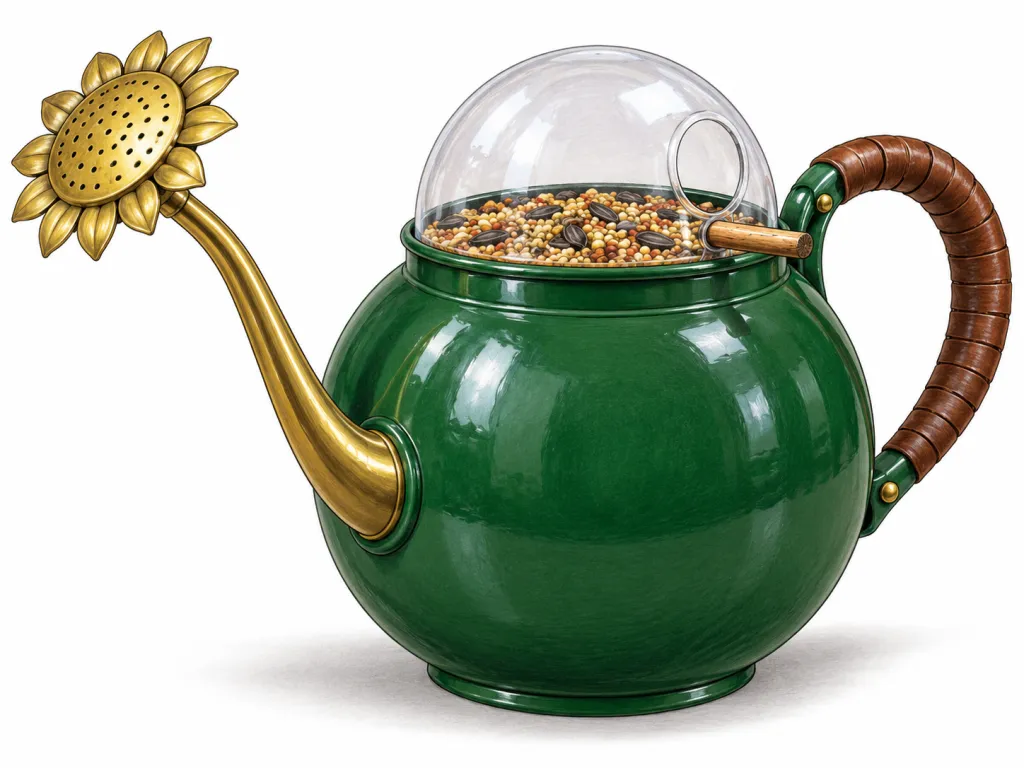 A watering can made of glossy dark-green enamel metal, round and fat like a teapot, about the size of a basketball. A long, thin brass spout curves up from the front and ends in a flat round sprinkler head shaped like a sunflower, with brass petals around a disc full of tiny holes. A curved handle at the back is wrapped in brown leather. Instead of a normal lid, a shallow round tray for birdseed sits inside the top opening, and a clear plastic dome, like an upside-down fishbowl, covers the tray. The dome has a small round hole on one side, with a short wooden perch stick poking out just below the hole. Plain white background. No text, labels or logos.