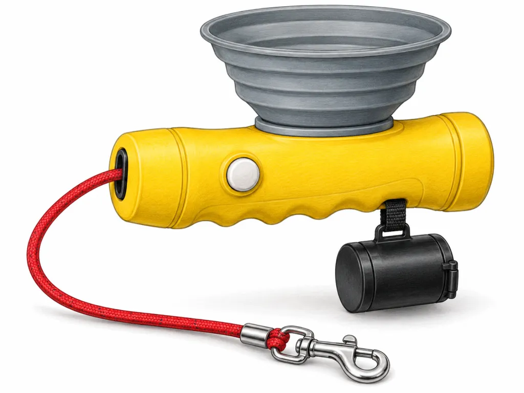 A dog leash handle shaped like a thick flashlight, about 20 cm long, covered in bright yellow rubber with finger grooves on the underside. A thin red cord comes out of a slot at the front end and ends in a silver metal clip. On top of the handle sits a flat round grey silicone disc that pops up into a small collapsible bowl, folded in rings like an accordion; when popped up, the bowl is about the width of a saucer, noticeably wider than the handle. Hanging underneath from a short black strap is a small black plastic cylinder, about the size of a roll of coins, with a hinged lid. A round white button sits on the side of the handle near the thumb. Plain white background. No text, labels or logos.