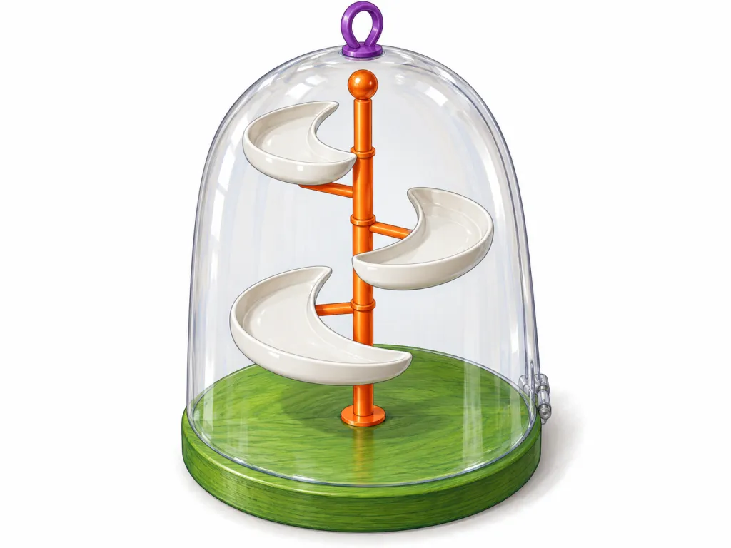 Illustrate one unusual serving stand on a plain white background. It measures 45 cm high and has a circular green wooden base, 30 cm across. An orange metal pole rises vertically from the centre. Three white crescent-shaped ceramic trays curve around the pole at different heights, creating a spiral arrangement. Short orange metal arms connect the trays to the pole. A transparent, bell-shaped plastic cover encloses all three trays. The cover connects to the back edge of the base with a hinge and has a purple loop handle on its rounded top. Show the cover closed, with all internal parts clearly visible. Include no text, labels, logos or brand names.