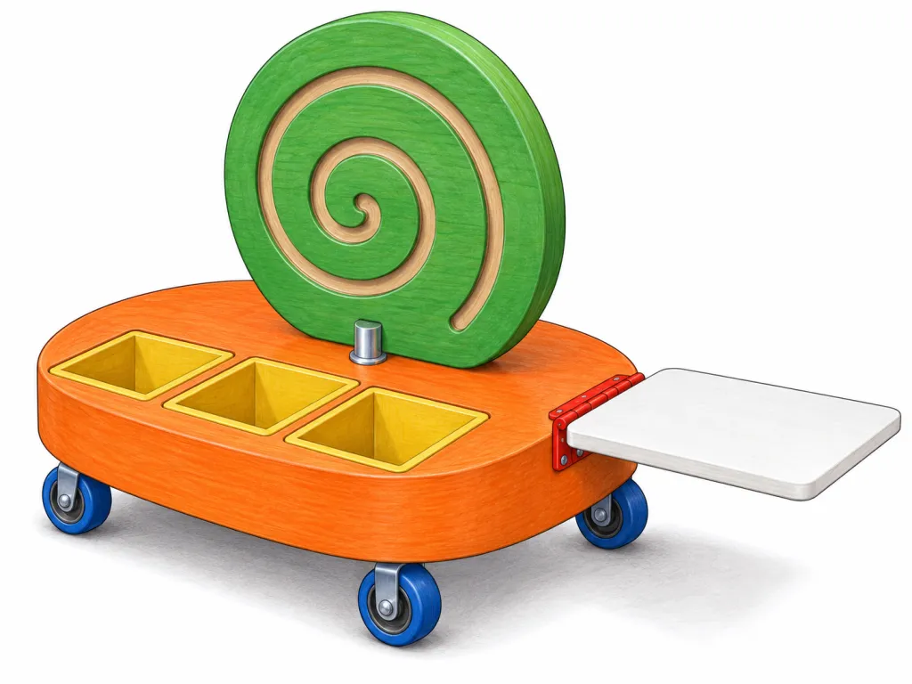 Illustrate one snail-like activity station on a plain white background. The orange oval wooden body is 50 cm long, and the complete object is 35 cm high. Four small blue rubber wheels attach underneath, two on each side. A large upright green circular disc stands in the centre on a short silver axle; a spiral groove is carved into its face. A rectangular white plastic panel connects to the body's right side with a red hinge. Show this panel folded outward horizontally. Three yellow square storage compartments are recessed into the front section of the orange body, with their open tops visible. All compartments are empty. Include no text, labels, logos or brand names.